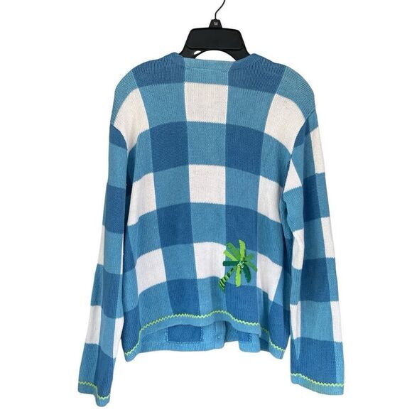 S5 Vintage Talbots Plaid Palm Tree Cardigan‎ Sweater Beaded Ramie Cotton - Picture 2 of 8